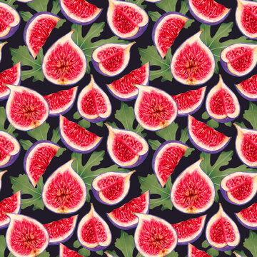 Seamless pattern of fig slices with red flesh and leaves on purple background. Botanical watercolor illustration. Hand drawn isolated art. Tropical berries for packaging, fabric, wallpaper, textile