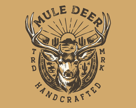 Mule deer desert vintage artwork. Western outdoor adventure design. Hunting club t shirt logo.