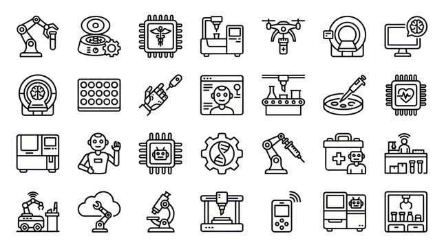 Medical technology and surgical robotic innovation line icons.
