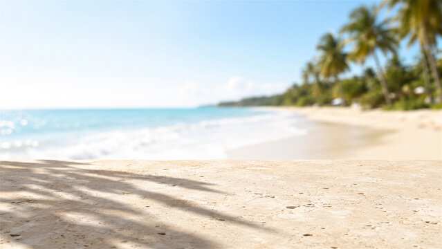stone table top with palm tree shadow overlooking tropical beach. Product display background for summer vacation concept. Empty surface for mock up on sunny ocean coast view