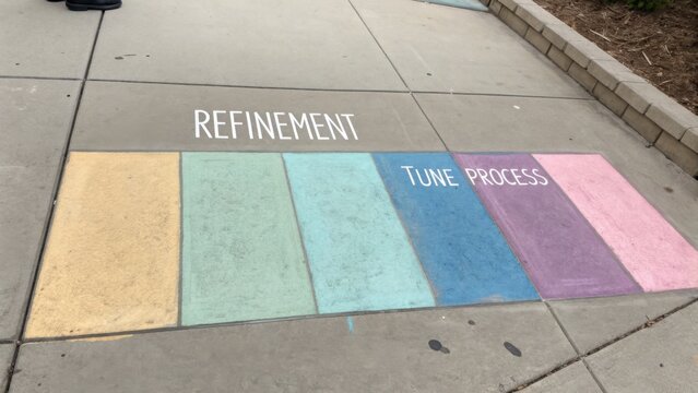 Colorful Chalk Art on a Sidewalk Illustrating Refinement and Tune Process Concepts with Vibrant Shades and Clear Text