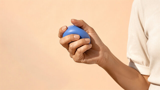 woman squeezing blue stress ball in hand. Mental health and anxiety relief concept. Relaxation tool for tension reduction and physical therapy exercise for hand strength improvement