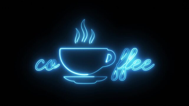 Blue Neon Coffee Cup Sign Animation with Glowing Steam and Handwritten Coffee Text on Black Background
