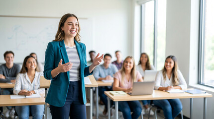 Obraz premium Young woman presenting in front of a class while smiling, concept of Day of Knowledge 