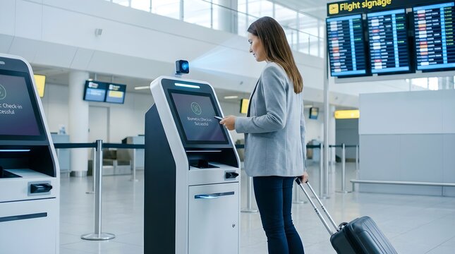 Woman using airport self check-in kiosk. Female traveler with luggage checking in online