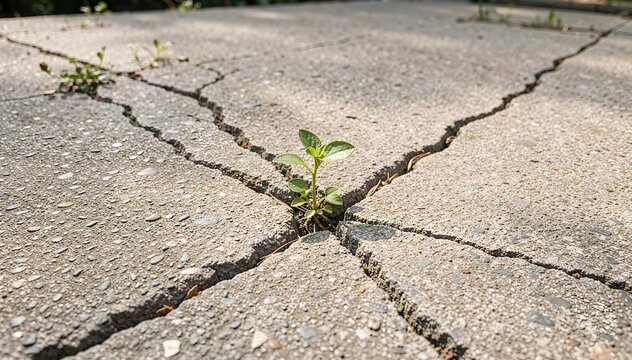 Small plant growing through cracked concrete symbolizing healing and growth in soft natural lighting with large copy space for conceptual advertising