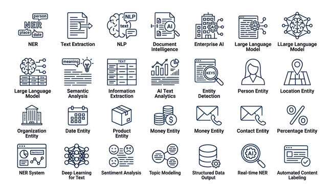Natural language processing and text extraction icons.