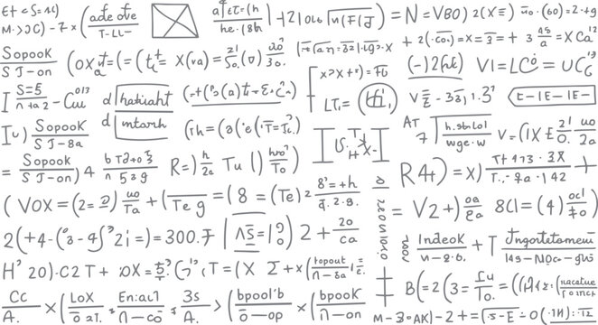 Handwritten mathematical equations and formulas in gray ink on a white background with various symbols and notations