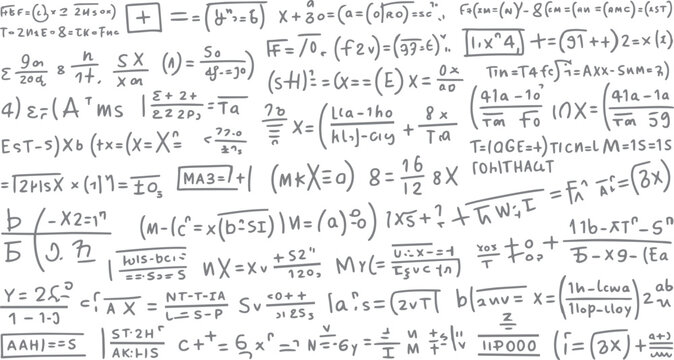 Handwritten mathematical equations and formulas on a white background with gray ink mathematics science