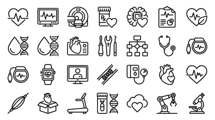 Fototapeta premium Modern healthcare and medical technology thin line icon set.