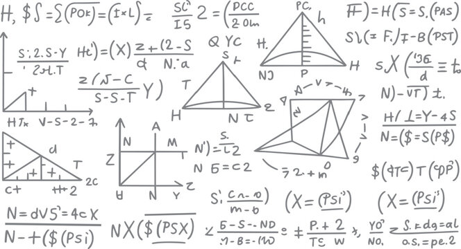 Hand drawn mathematical equations and geometric diagrams on white background mathematics formula geometry