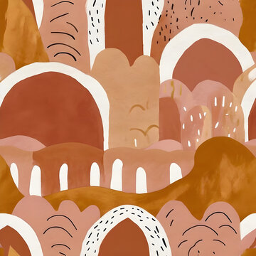 Seamless pattern bohemian abstract shapes terracotta dusty rose and mustard earth tones hand painted gouache texture modern minimalist