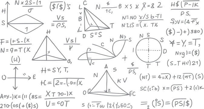 Hand drawn mathematical equations and geometric diagrams on white background mathematics formula 1 geometry