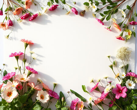 Cadre floral d&eacute;coratif compos&eacute; de roses roses, de marguerites et de diverses fleurs color&eacute;es sur fond blanc, mod&egrave;le de conception graphique