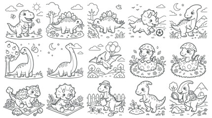 Naklejka premium Cute cartoon dinosaurs playing and exploring in nature scenes. Adorable prehistoric reptiles in hand-drawn vector illustrations for kids' projects.