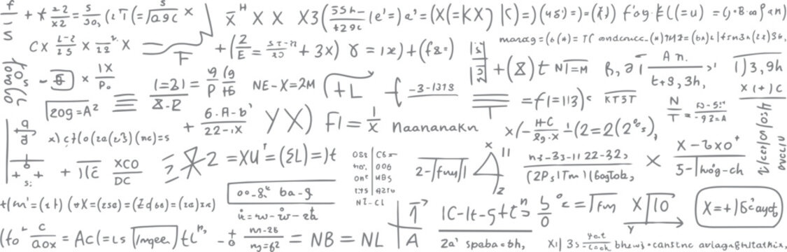Handwritten complex mathematical formulas and equations scattered across a white background mathematics