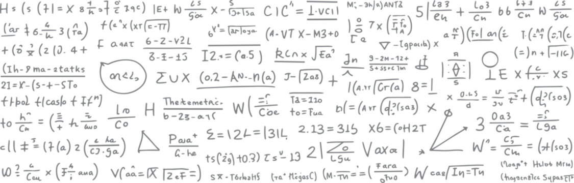 Hand drawn mathematical equations and symbols on a white background with a chalky texture mathematics