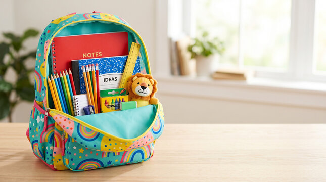 Colorful backpack filled with school supplies on wooden table at home  
