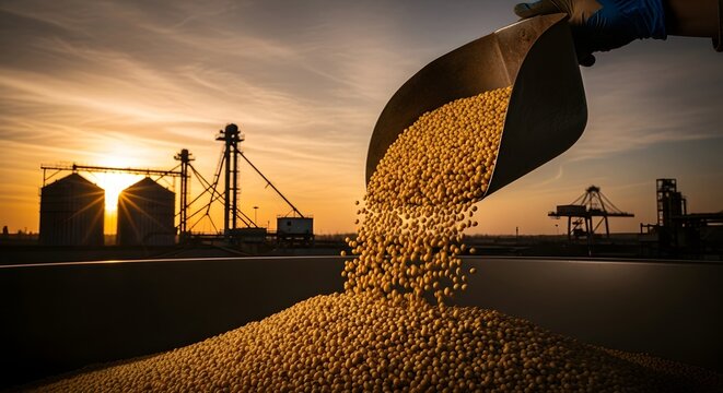 Soybean being poured from scoop at sunset near industrial silos