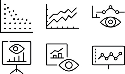 Fototapeta premium Data analysis and observation vector line icons set, visual representation of information, statistical charts and graphs, business insights concept.