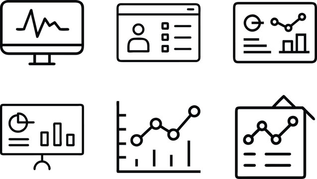 Professional collection of analytics and monitoring icons featuring user database management pie charts line graphs and interface dashboard panels.