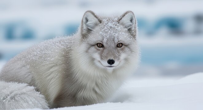 Arctic fox in winter snow looking alert. White fur wildlife animal portrait with icy blue background and natural lighting