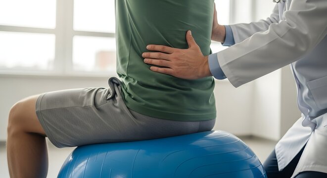 Physical therapist examining patient on exercise ball