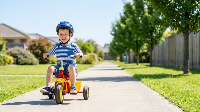 Cheerful toddler boy wearing bicycle helmet riding red and yellow tricycle on suburban walkway outside during sunny summer day near green grass and houses in quiet residential area.
