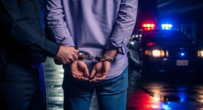 Police officer arresting person in handcuffs at night
