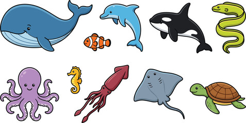 Cute Cartoon Sea Animal Vector Icon Set with Blue Whale, Killer Whale Orca, Dolphin, Octopus, Giant Squid, Stingray, and Sea Turtle Marine Life Assets © Fahim