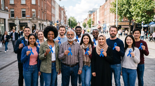 Diverse group of smiling people holding blue ribbons on a city street representing unity with ribbons while standing multi ethnic group smiling individuals