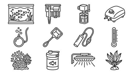 Aquarium Equipment Icons Set: Fish Tank, Filter, Pump, Thermometer, Nets, Food, Light, Coral © Ihik