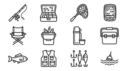 Fishing Icons Set: Rod, Tackle Box, Net, Fish, Vest, Hooks, Bobber, Chair, Cooler © Ihik