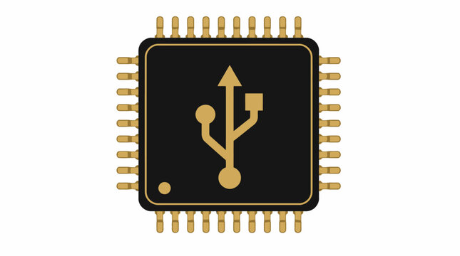 Computer microchip processor with gold USB symbol.