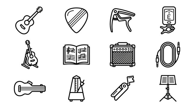 Guitar Accessories and Icons Set: Musical Instruments, Tools, and Equipment