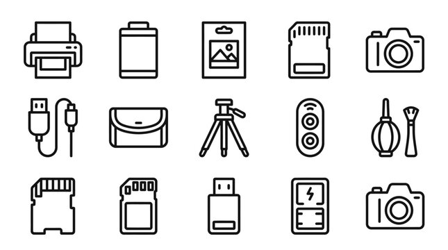Photography and Printing Equipment Icons: Camera, SD Card, Printer, Tripod, Battery