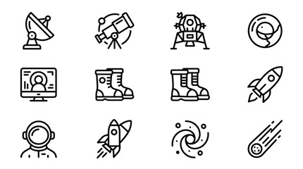Space Exploration Icons: Rocket, Astronaut, Telescope, Satellite, Moon Lander, Galaxy © Ihik