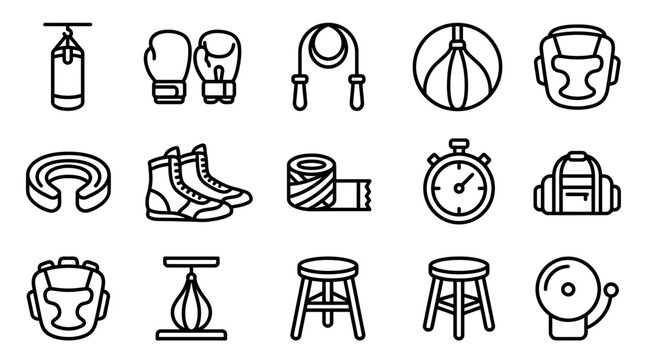Boxing Equipment Icons: Punching Bag, Gloves, Jump Rope, Headgear, Stopwatch, Gym Bag