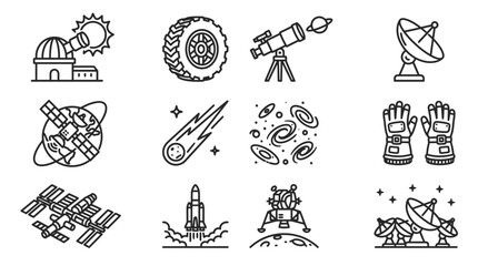 Space Exploration Icons: Astronomy, Rocket Launch, Satellite, Telescope, Spaceship, Galaxy © Akun