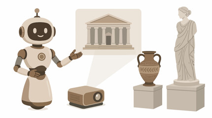 Fototapeta premium Cute robot explaining Greek history in museum setting.