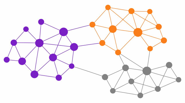 Multicolored network node graph showing data cluster connections.