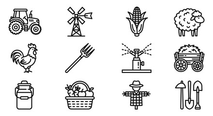 Farm Icons Set: Tractor, Windmill, Corn, Sheep, Rooster, Pitchfork, Sprinkler, Hay Cart © Ihik