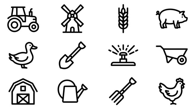 Farm Icons: Tractor, Windmill, Wheat, Pig, Duck, Shovel, Sprinkler, Wheelbarrow, Barn, Watering Can, Pitchfork, Chicken