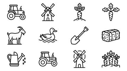 Farm Icons Set: Tractor, Windmill, Carrot, Goat, Duck, Shovel, Hay Bale, Watering Can © Akun