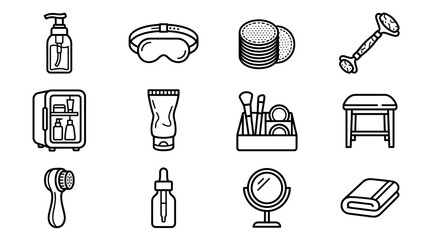 Beauty And Skincare Icons Set: Cleanser, Eye Mask, Jade Roller, Mini Fridge, Makeup Brushes © gok