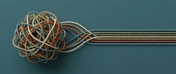 Tangled knot of colorful ropes unraveling into straight strands representing complexity to simplicity order from chaos and organized solutions.