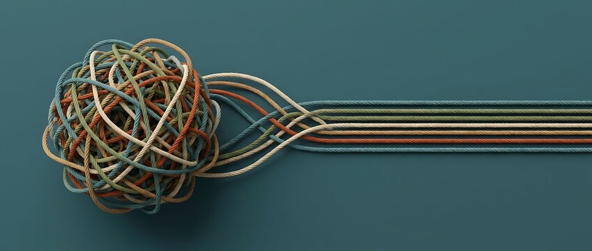 Tangled knot of colorful ropes unraveling into straight strands representing complexity to simplicity order from chaos and organized solutions.