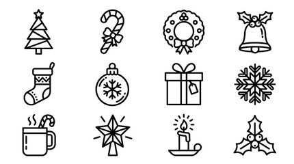 Fototapeta premium Christmas Icons Set: Tree, Candy Cane, Wreath, Bell, Stocking, Bauble, Gift, Snowflake, Hot Drink