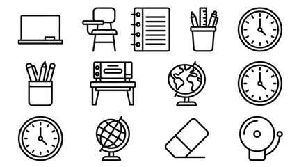 School Supplies and Classroom Icons: Blackboard, Chair, Globe, Clock, Bell, Eraser © Pizksen