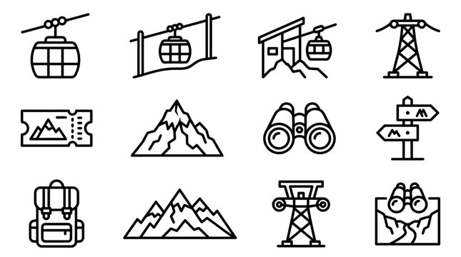 Mountain Resort Icons: Ski Lift, Gondola, Ticket, Backpack, Binoculars, Mountains